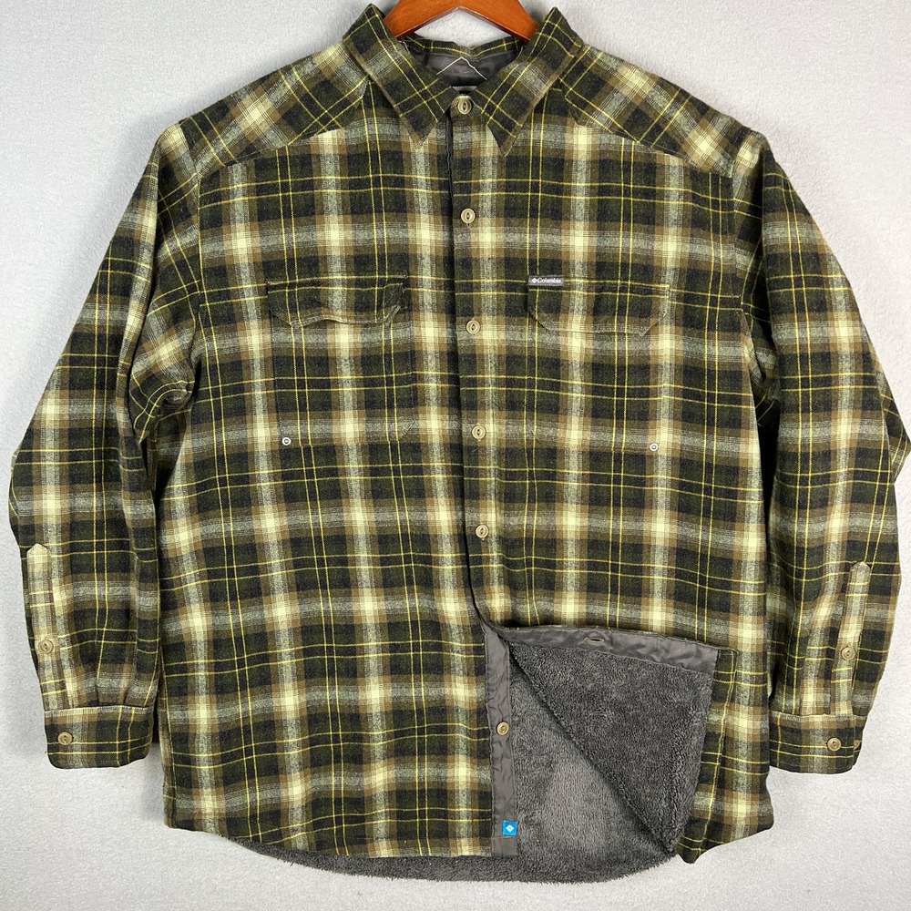 Columbia Plaid Flannel Shirt Jacket Mens XXL Wool Blend Heavyweight Fleece Lined